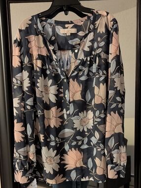 LOFT Sheer Gray Floral Button-Down Blouse with Pink and Cream Flowers